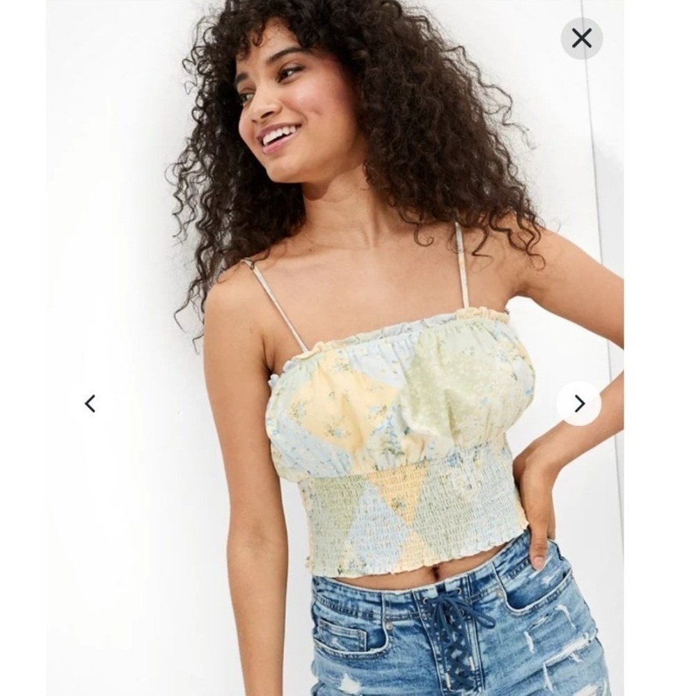 American Eagle Floral Patchwork Smocked Crop Cami Top XXL Pastel Cotton Linen